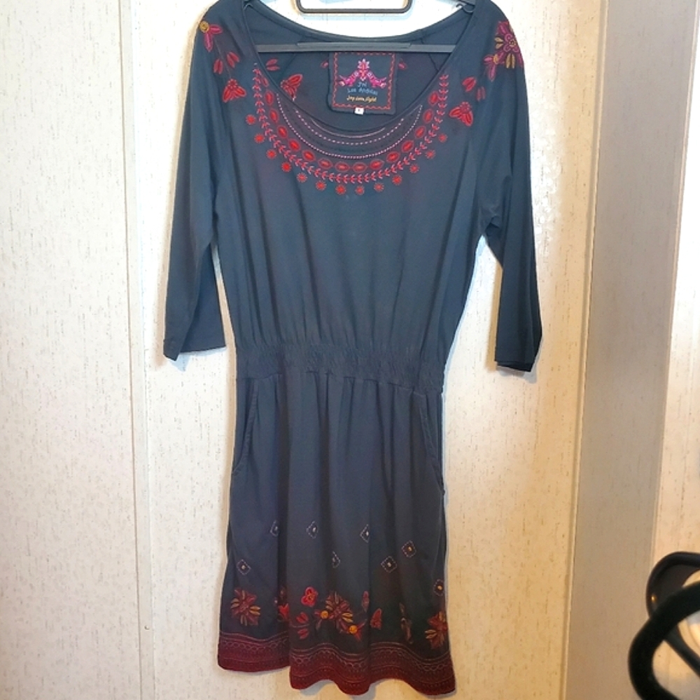 JOHNNY WAS Blue with Red Embroidered Midi Dress Size S